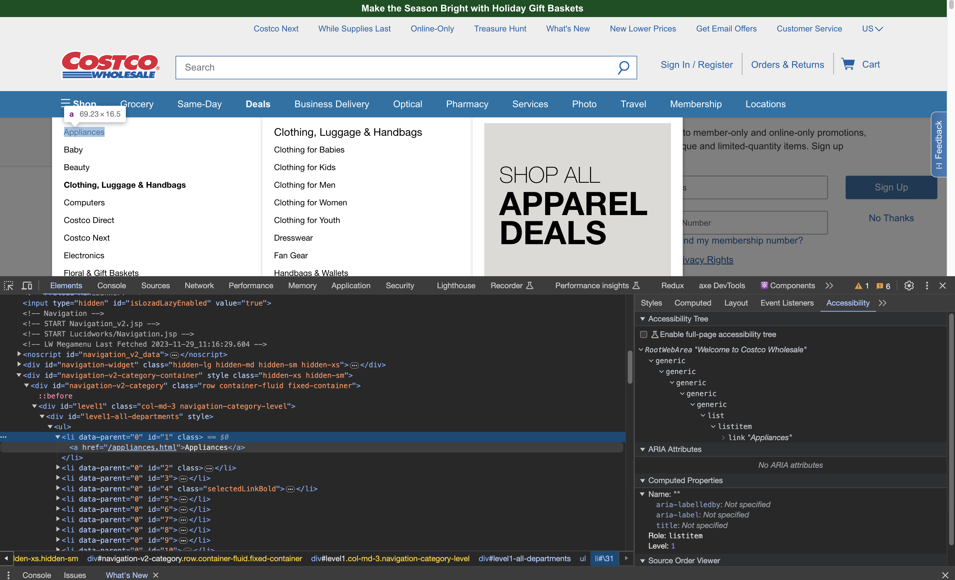 Costco.com navigation open in Chrome DevTools, with unordered lists of links and no ARIA menus