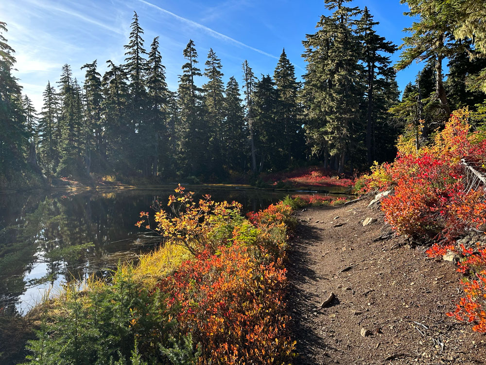 a dirt path next to a small lake, with Fall colors of red, yellow and green. The sky is blue with wispy high clouds.