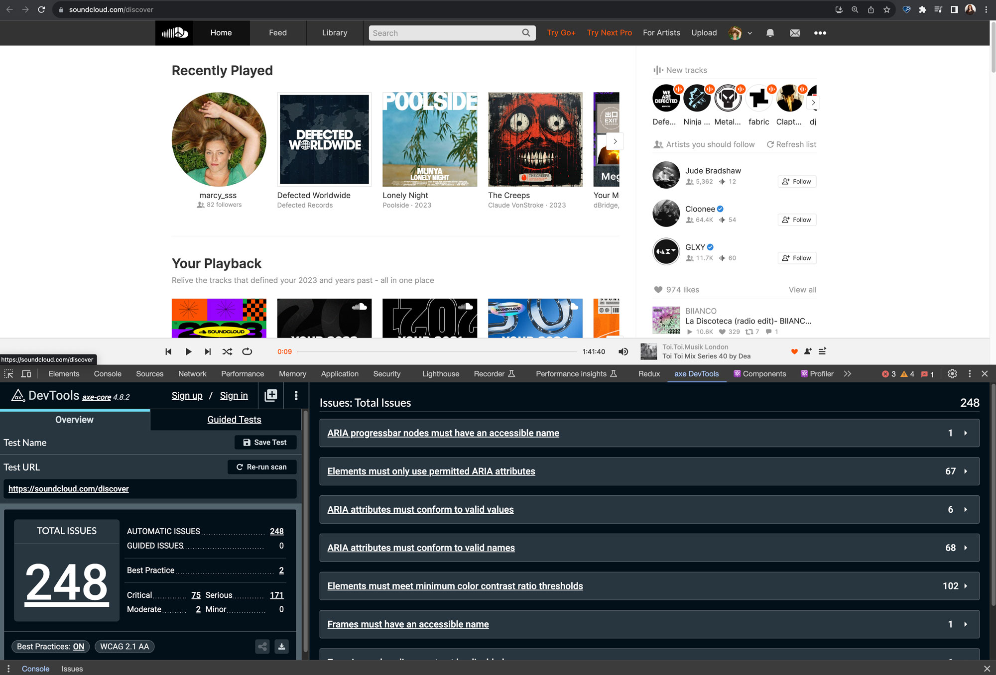 SoundCloud test run with Axe for Chrome